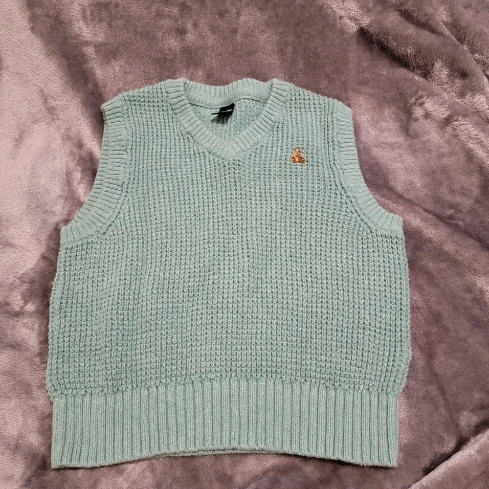 Baby Gap Sweater Vest Toddler 2Y Green Excellent Waffle Knit Bear Logo V-Neck